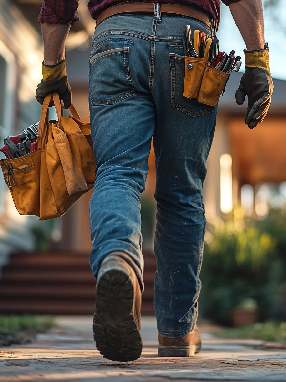 A handyman with a tool belt and a bag of tools walking up to a house