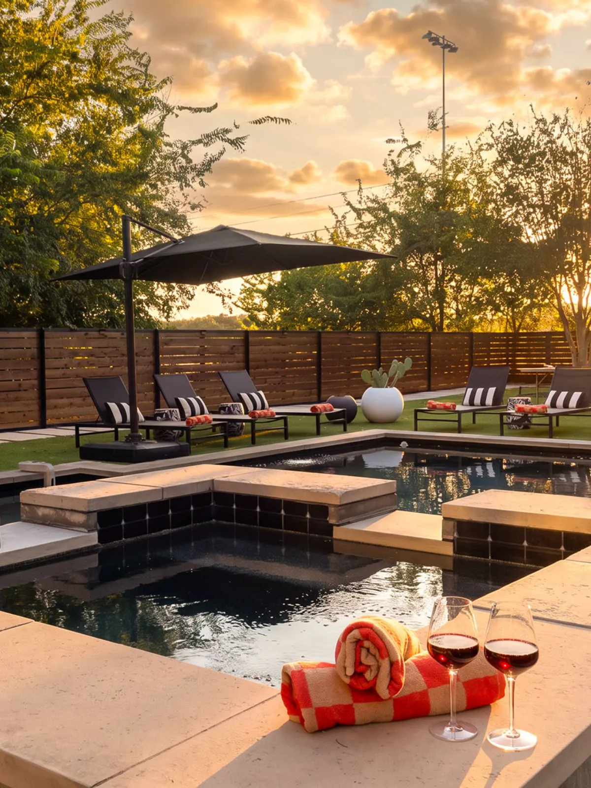 A pool deck at sunset with rolled towels and two glasses of red wine beside the water