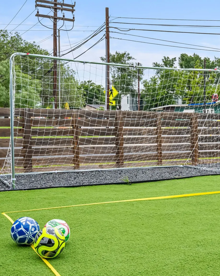 A soccer goal on turf in the front yard, with three soccer balls on the line
