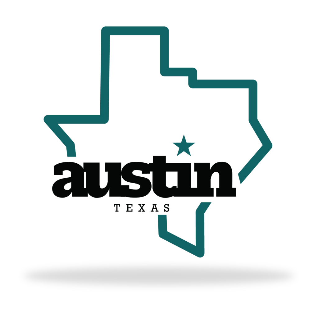 Graphic logo featuring the outline of Texas with 'Austin Texas' text and a star marking the city's location outlining guest haus' service area for rental property management.