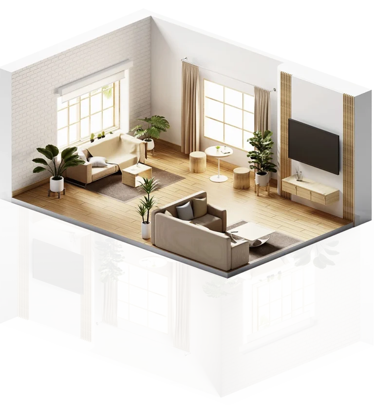 Isometric view of a bright, modern living room with wooden floors and plants in an airbnb rental property