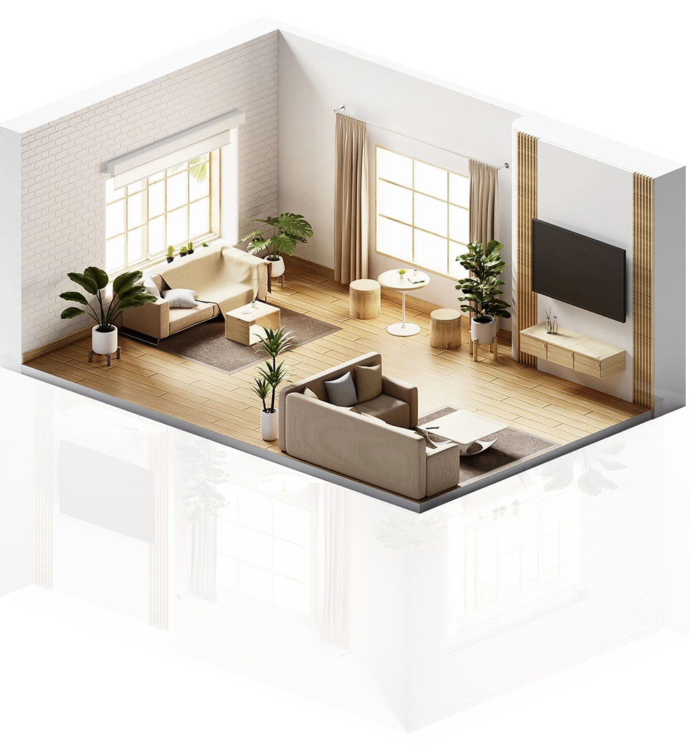 Isometric view of a bright, modern living room with wooden floors and plants in an airbnb rental property