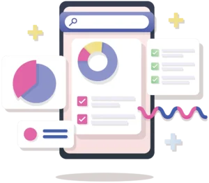 Stylized graphic of mobile marketing analytics and data visualization for short term rental marketing.